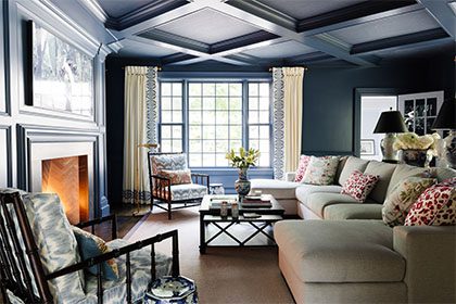 The Lewis Design Group Living Room with Dark Blue Walls
