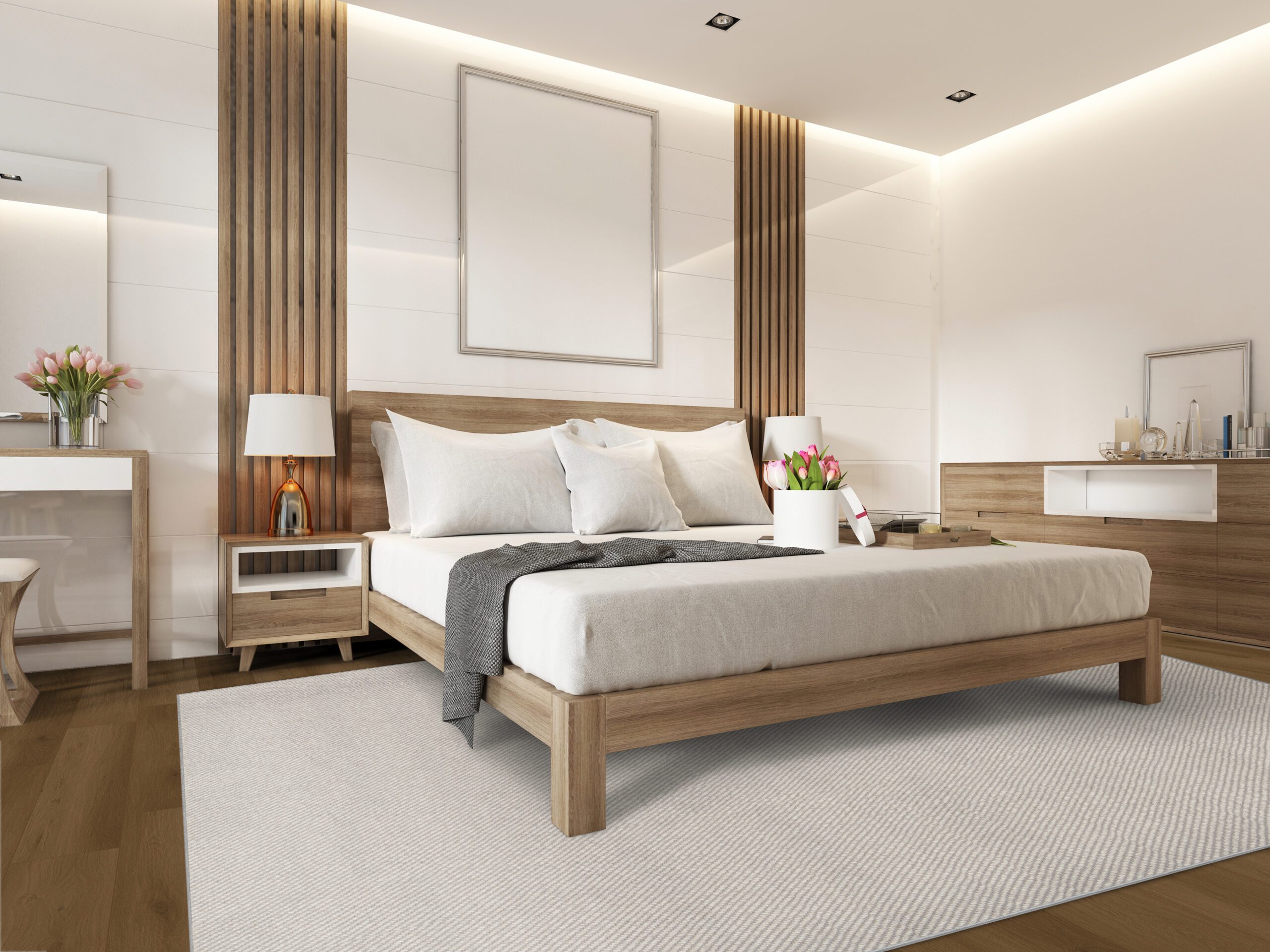 Modern light bedroom with wooden furniture in Scandinavian style