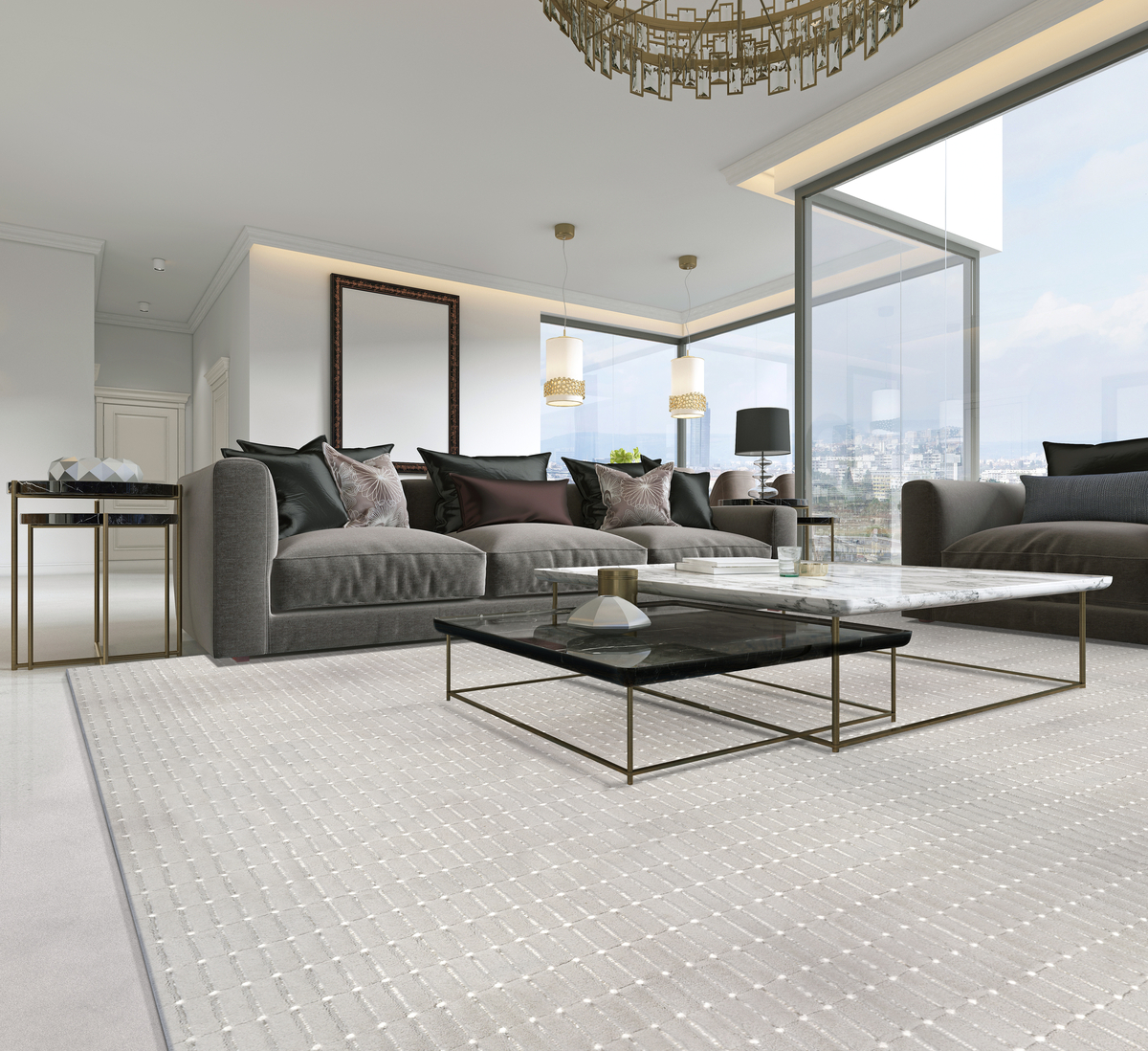 Modern luxury living room interior with a sofa, armchairs, a cof
