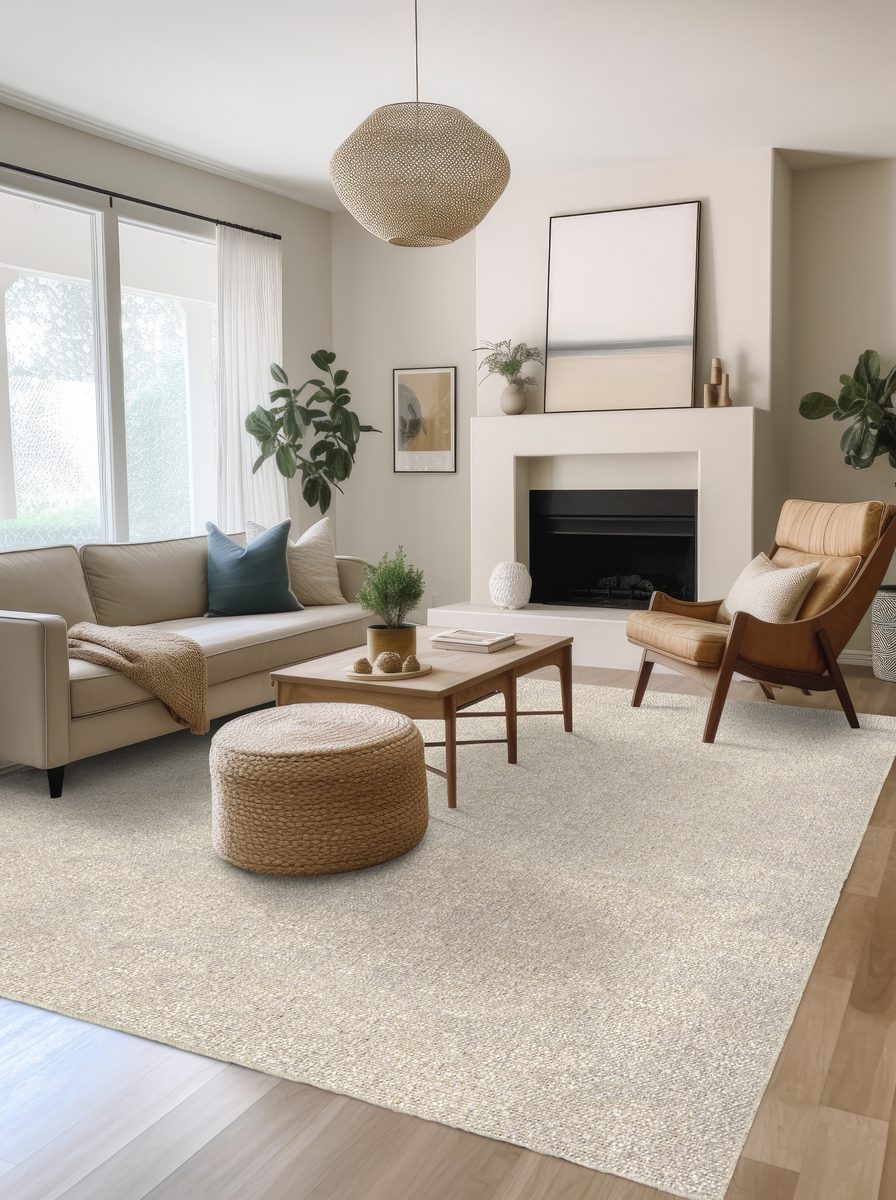 A white living room with a rug, wooden floors and an antique fir