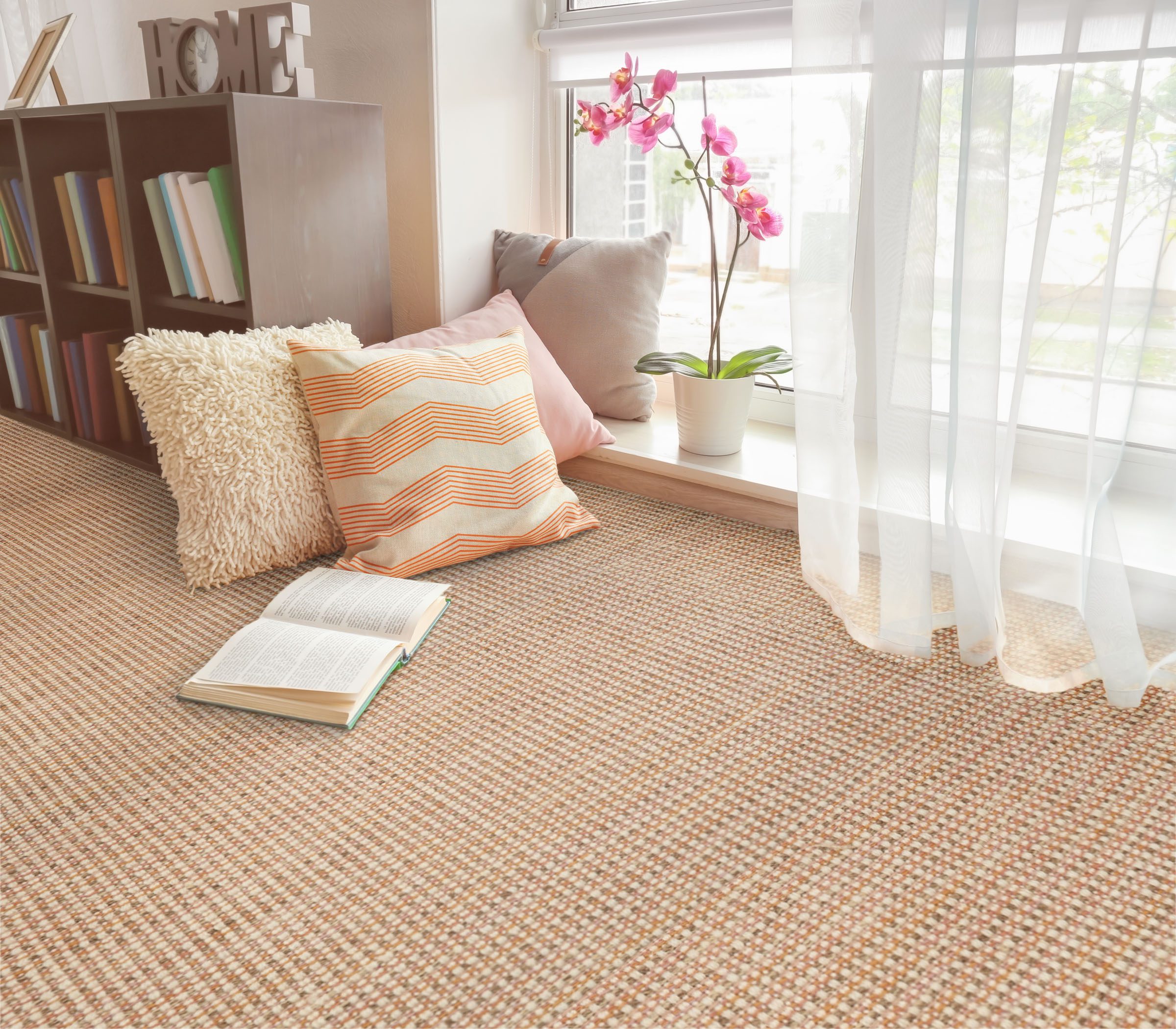 Cozy place for rest with soft pillows and book near window Cozy place for rest with soft pillows and book near window