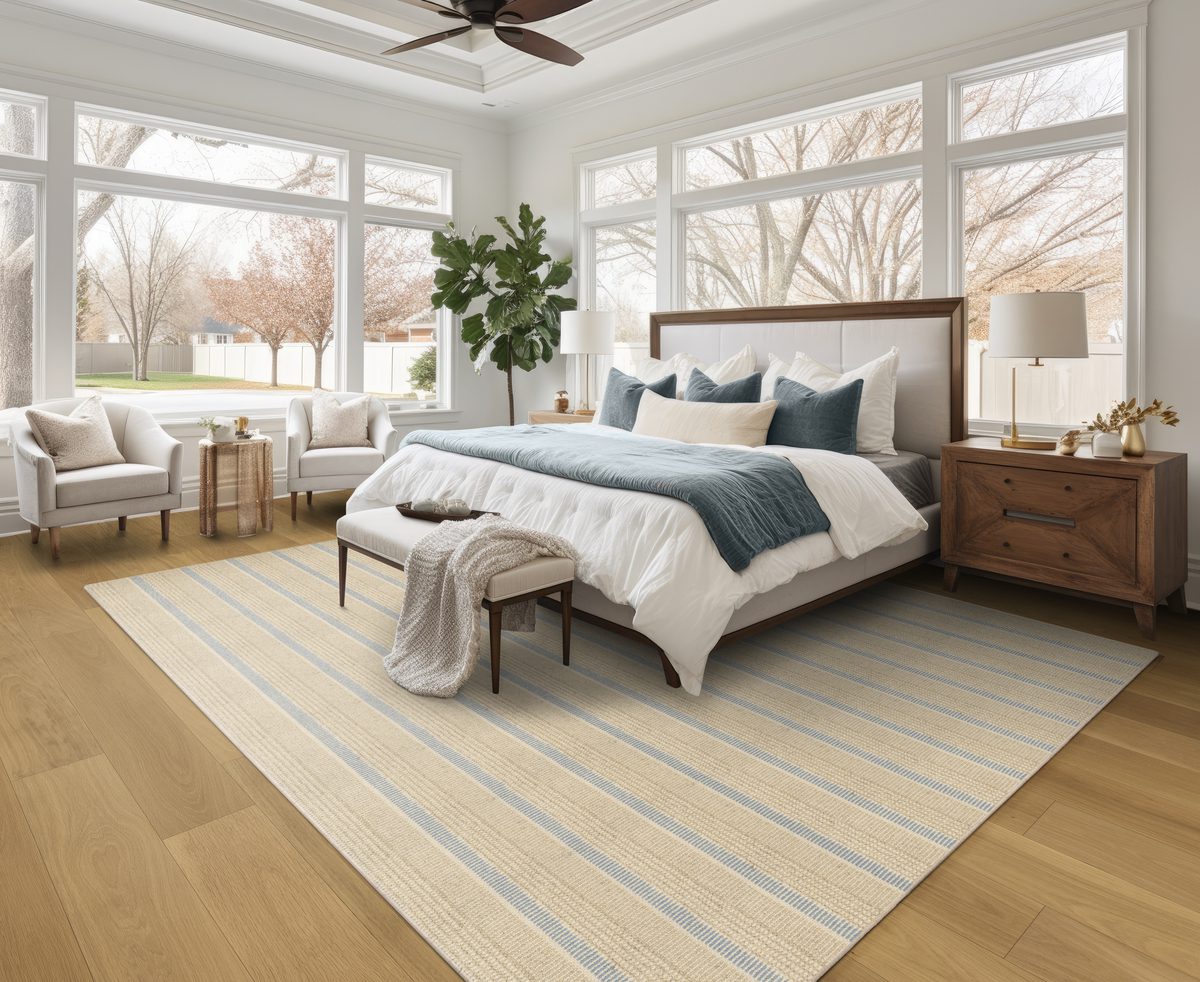 Master bedroom in new luxury home with ample natural light, furnished with fan and nightstands. Master bedroom in new luxury home with ample natural light, furnished with fan and nightstands.